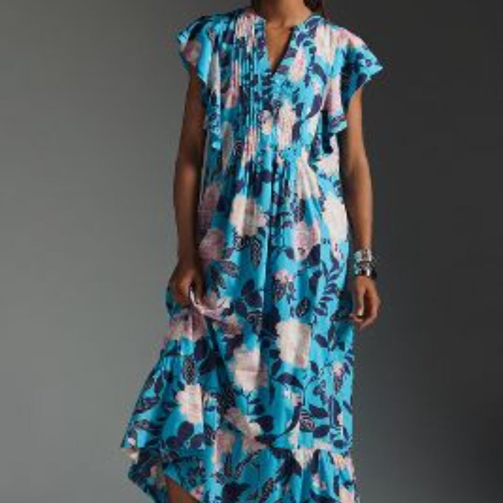 Anthropologie Turquoise Floral Maxi Dress with Pink and Navy Motif